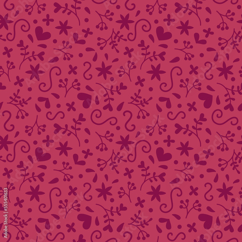 Seamless monochrome romantic pattern in doddle style on viva magenta pantone colour background. Valentine's day, wedding, mother's day.
