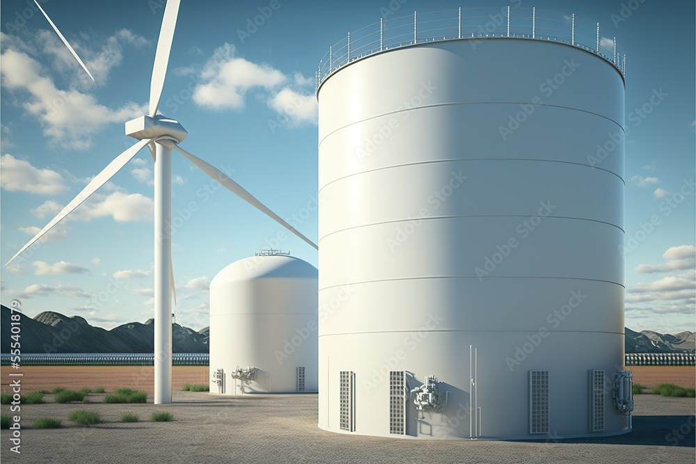 Wind turbine facility for clean electricity solar and hydrogen energy storage gas tank, 3d rendering