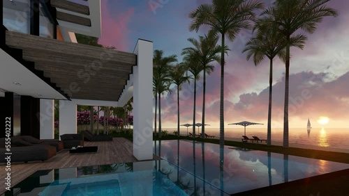 4K video rendering of modern cozy house with pool and parking for sale or rent in luxurious style by the sea or ocean. Sunset evening by the coast with palm and flowers in tropical island Fly-walk