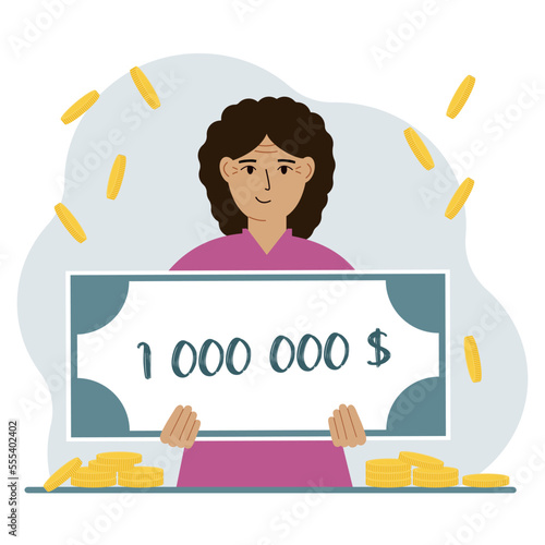Jackpot, the concept of winning cash money. Happy smiling woman holding a certificate for one million dollars in his hands. Feeling excited, celebrating a win.