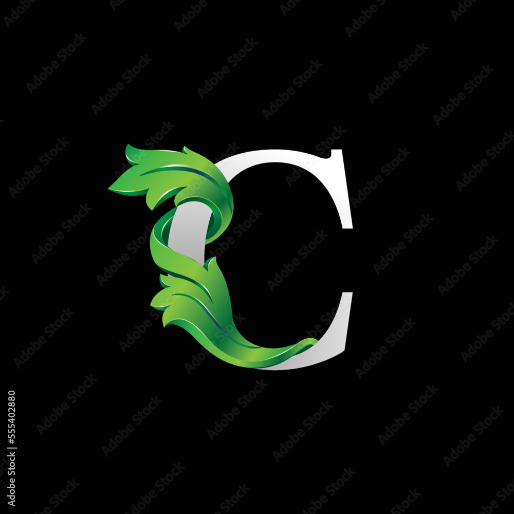 Initial letter C, 3D luxury green leaf overlapping white serif font on black background Initial letter C, 3D luxury green leaf overlapping white serif font on black background