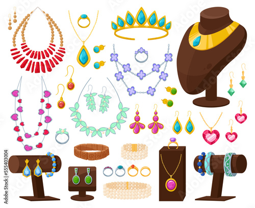 Cartoon jewelry, golden diamond rings, pearl necklace. Glamorous precious accessories, jewelry and bijouterie flat vector illustration set. Beautiful elegant jewel collection