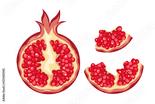 Ripe pomegranates.A garnet cut in half.Juicy tropical fruit.Vector illustration on a white background.