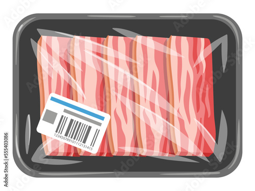 Cartoon raw bacon. Pork red bacon slices in vacuum plastic packaging, tasty bacon rashers packed with polyethylene flat vector illustration on white background