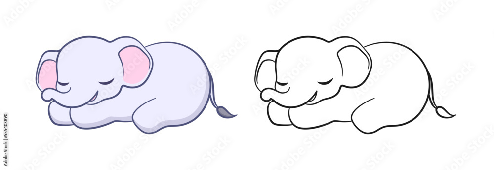 Fototapeta premium Cute sleeping baby elephant cartoon outline illustration set. Easy animal coloring book page activity for kids