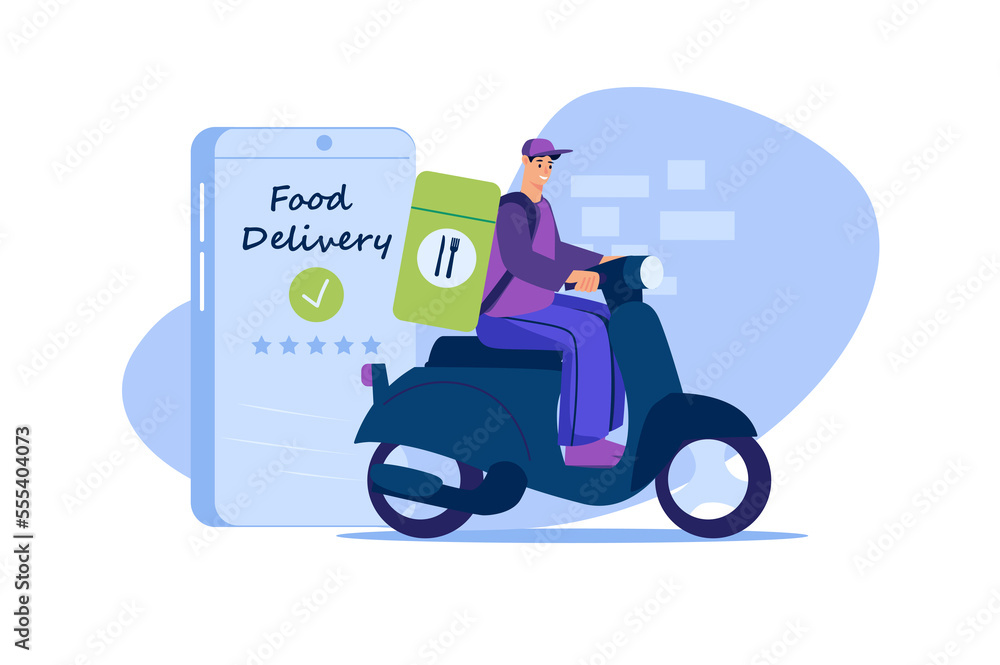 Food delivery web concept in flat design. Courier carries food or lunch in bag and rides scooter to client's home. App for ordering delivery from restaurant and online tracking. Food delivery web concept in flat design. Courier carries food or lunch in bag and rides scooter to client's home. App for ordering delivery from restaurant and online tracking.