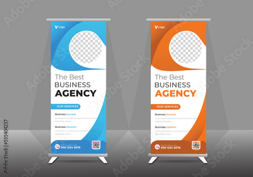 Banner roll-up, stand, graphic template for exhibition, conference, accommodation advertising information, and gradient colors