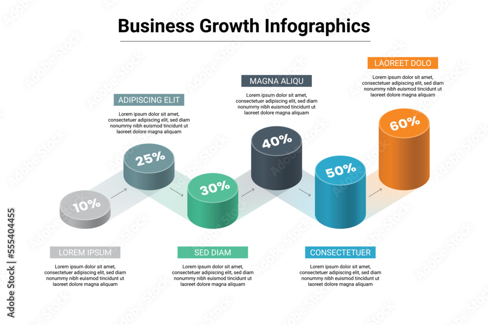 6 level business network growth concept. 3D cylinder style infographics vector illustration. 6 level business network growth concept. 3D cylinder style infographics vector illustration.