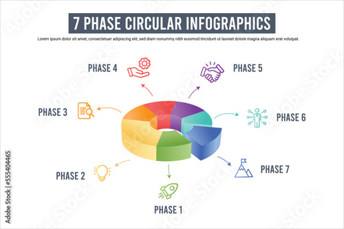 3D Pie chart statistics infographic with different colors. 7 Phase diagram vector illustration for business financial report.