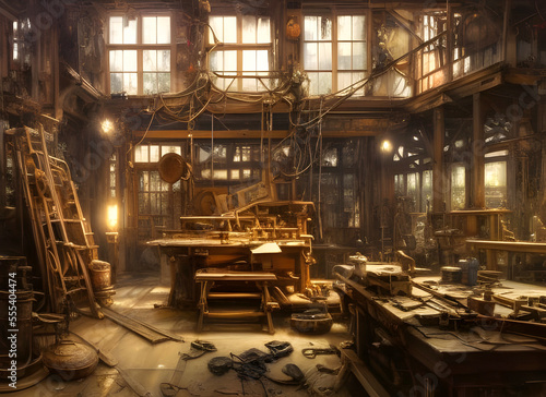 Painting of an old-fashioned carpenter's workshop depicting a rustic, timeworn space filled with the tools and equipment of a bygone era. generative ai illustration