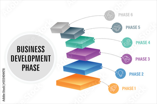 Square isometric floating diagram infographic design with icons. 6 step or phase business development infographic concept.