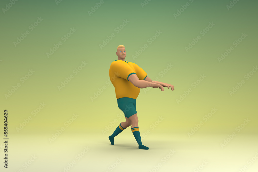 An athlete wearing a yellow shirt and green pants. He is walking. 3d rendering of cartoon character in acting.