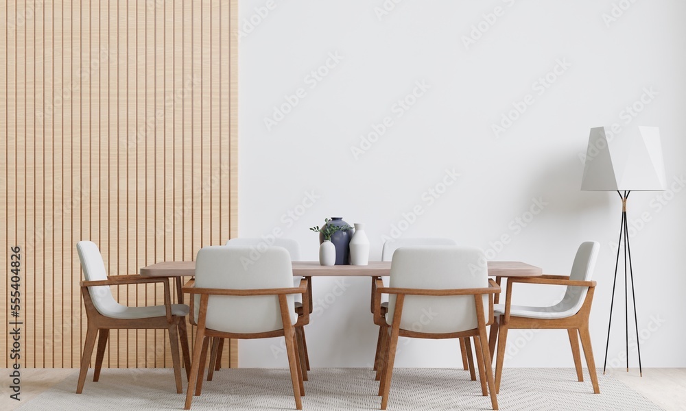 Fototapeta premium Dining room and kitchen wooden floor copy space on white background, front view,3D rendering....