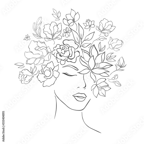 Woman Head with Florals. Fashion Style. Vector Illustration.