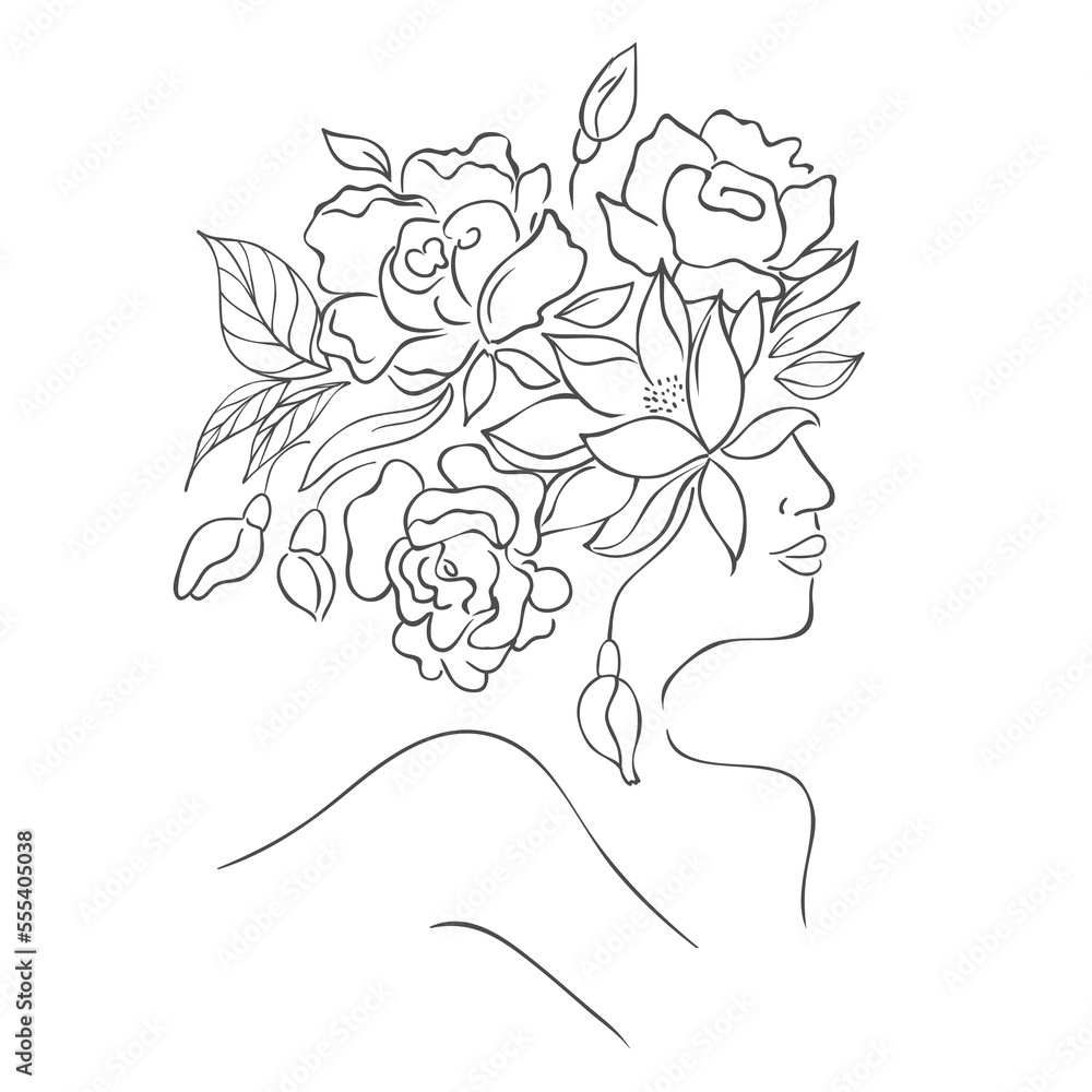 Woman Head with Florals. Fashion Style. Vector Illustration.