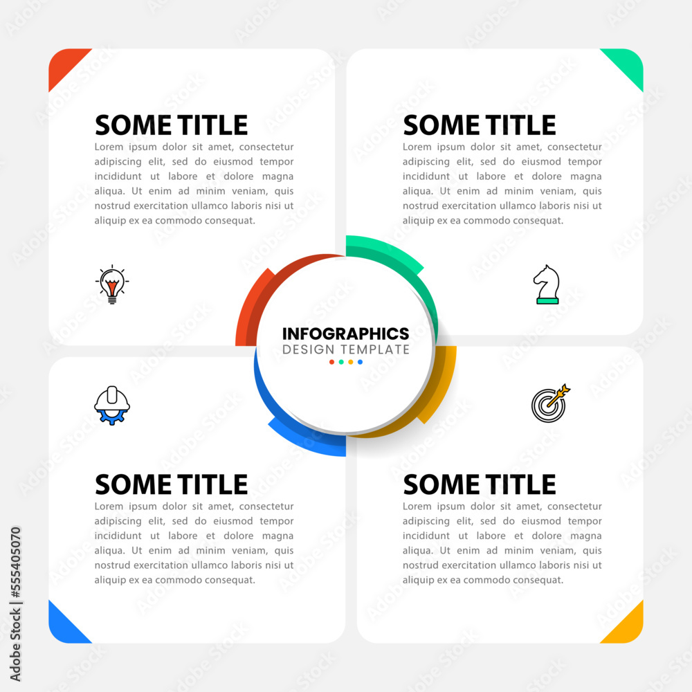 Infographic template. Gear with 4 squares, text and icons