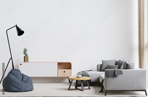 big white living room.interior design,grey sofa,lamp,wooden table,carpet wall for mock up and copy space...