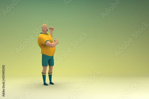 An athlete wearing a yellow shirt and green pants is expression of hand when talking. 3d rendering of cartoon character in acting.