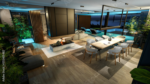 Fototapeta Naklejka Na Ścianę i Meble -  3d rendering of modern cozy interior with living,dining zone stair and kitchen for sale or rent with wood plank by the sea in night. Warm interior lighting combined with cold light from night street