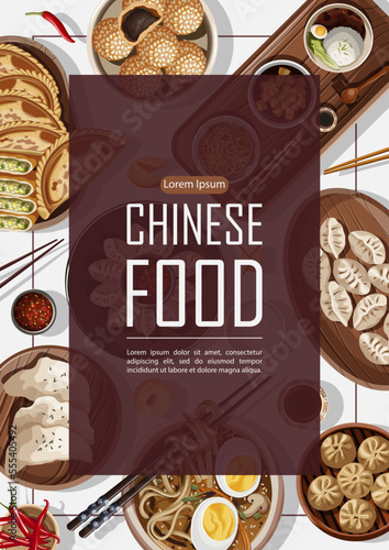 Vector template poster design with Chinese food pattern and copy-space in the middle isolated on dark. Banner, flyer, card, restaurant menu, promotion concept.