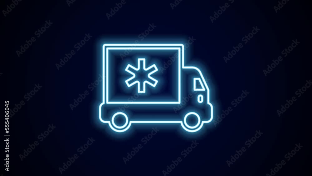 Glowing neon line Ambulance and emergency car icon isolated on black background. Ambulance vehicle medical evacuation. 4K Video motion graphic animation Glowing neon line Ambulance and emergency car icon isolated on black background. Ambulance vehicle medical evacuation. 4K Video motion graphic animation