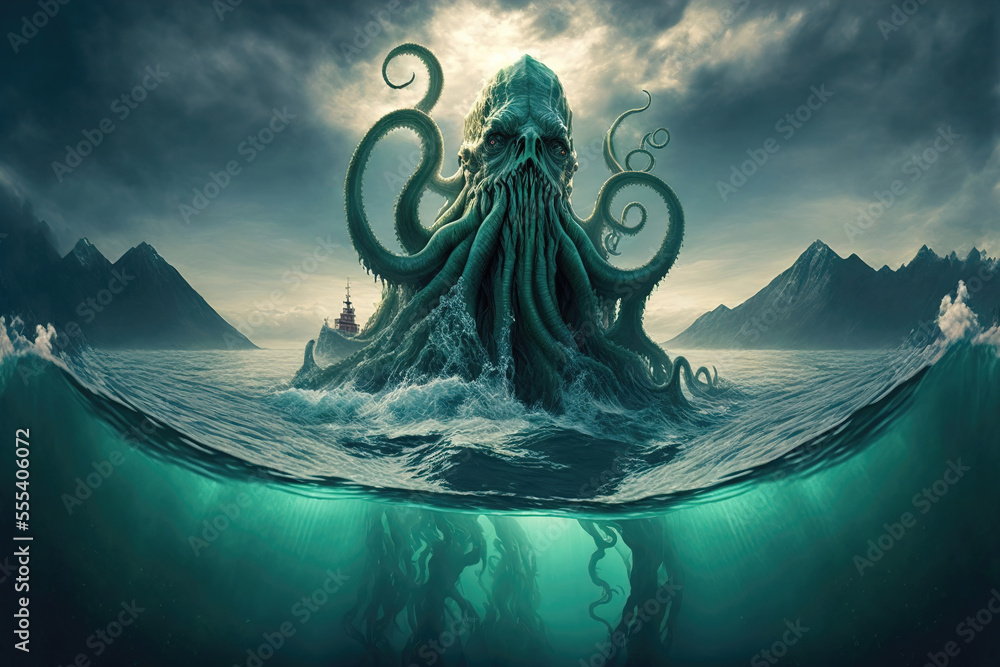 Mysterious Monster Cthulhu In The Sea, Huge Tentacles Sticking Out Of The  Water, Landscape Stock Photo, Picture and Royalty Free Image. Image  196631645.