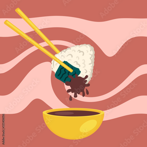 Japanese onigiri rice ball with soy sauce bowl and chopsticks. Perfect for tee, stickers, menu and stationery. Vector illustration for decor and design.