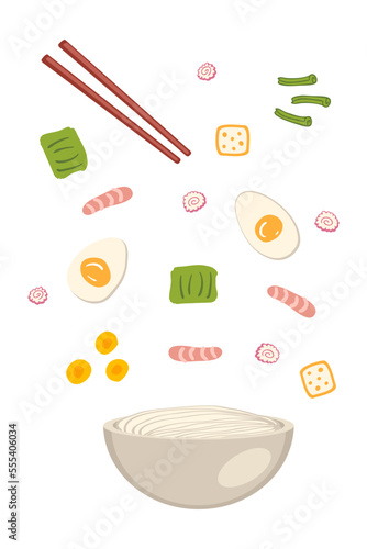 Shrimp asian ramen soup ingredients falling into a bowl of noodles. Perfect for tee, stickers, menu and stationery. Vector illustration for decor and design.