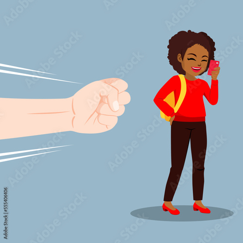 Vector illustration of big fist attacking woman using smartphone mobile from left side. Social issue concept. Teenager suffering cyber-bullying. Misogyny on internet and prejudice against women