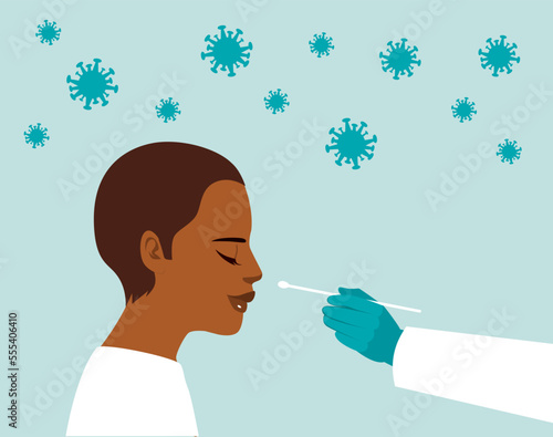 Flat vector illustration of Covid PCR test. Woman patient during nasal swab for lab research scared and with uncomfortable expression checking Coronavirus with sample from nose