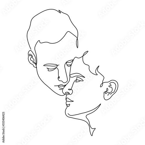 stylized pair portrait of two boys in a minimalist style, the silhouette of male faces drawn in one continuous line, lovers of a gay, couple of friends