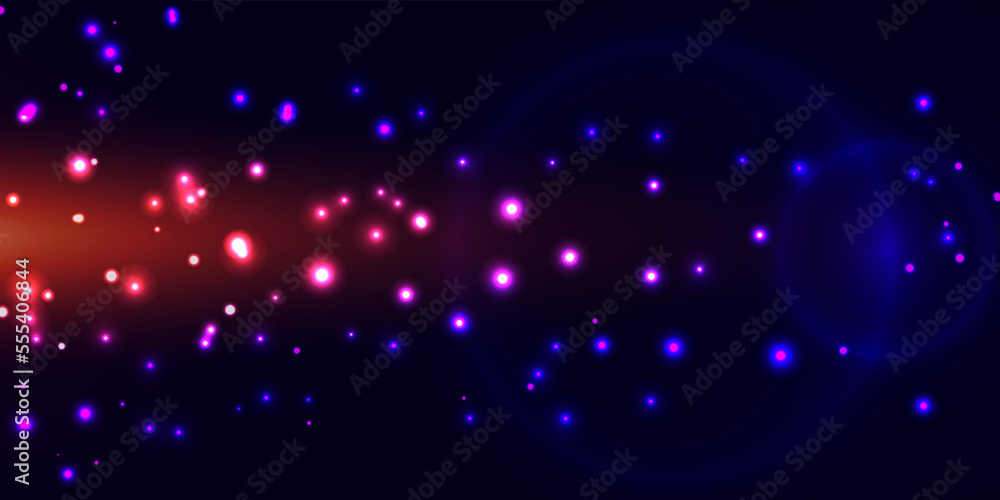 Wonderful abstract background of glitter lights and defocused bokeh. Blinking blue, pink and purple magic sparks, stars on dark background. Neon glow colors. Cosmic backdrop, galaxy