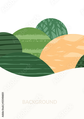 Abstract farm field collage background. Agro land backdrop, farmland landscape vector illustration with texture. Oriental decorative poster, eco design, green rural template, ecology art header