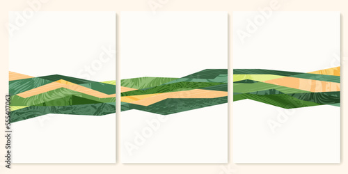 Green farm agriculture field template. Agro design vector layout. Abstract eco poster. Collection of ecology backgrounds. Eco countryside, hill shape, decoration set of organic farmland, nature art