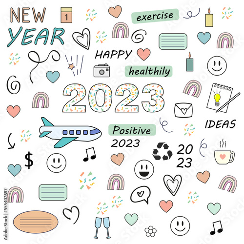 Vector illustration of new year 2023 with goals, resolutions and positivism, images of airplane, rainbow, heart, camera, celebration, achievements, coffee, health, healthy, exercises in pastel colors.