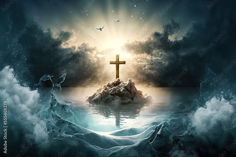 Ein Kreuz in der Mitte des Ozeans mit biblischer Lichtstimmung und Wellen im Vordergrund