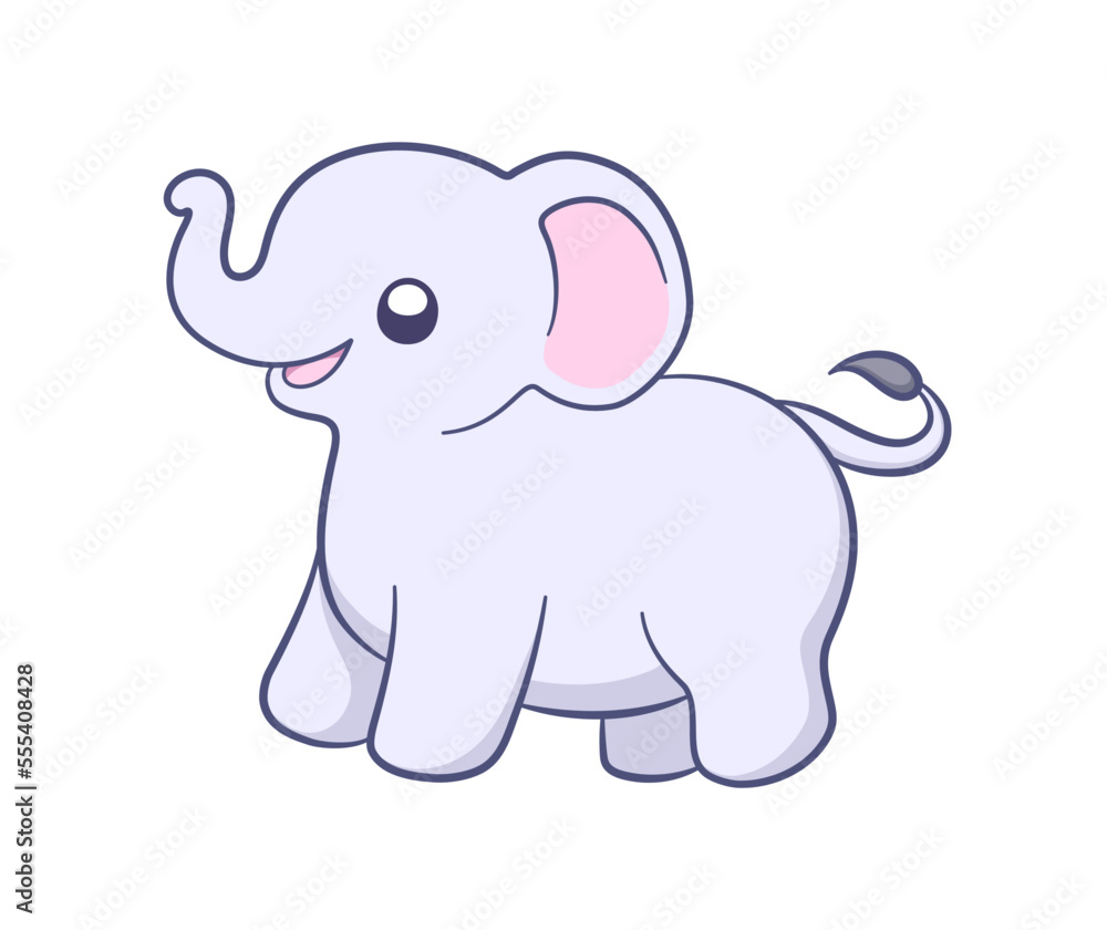 Fototapeta premium Cute baby elephant cartoon illustration. Animal mammal with big ears and trunk clipart for kids.