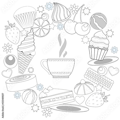 Tea time. Coffe cup, delicious, cupcake, sweets, ice cream, flowers, berries, hearts, stars. Coloring book page. Vector illustration
