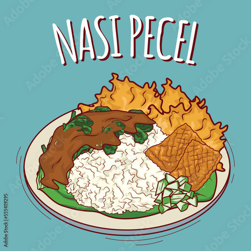 Nasi pecel illustration Indonesian food with cartoon style photo