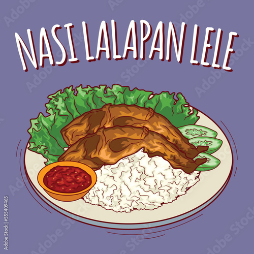 Nasi lalapan lele illustration Indonesian food with cartoon style