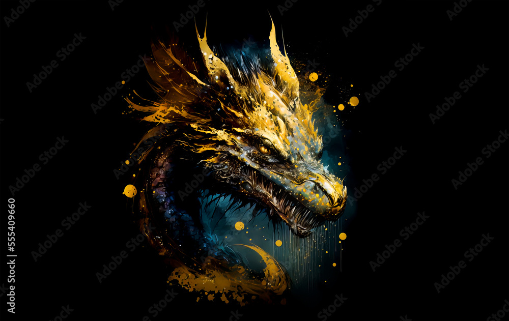 Gold dragon head on a black background. Generative AI Illistration of ...