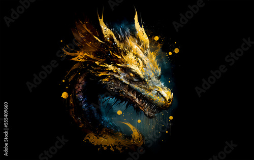 Gold dragon head on a black background. Generative AI Illistration of ancient golden metal dragon on black background. Dragons background. Place for text.