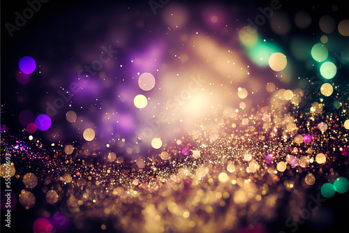 Abstract Christmas background. Red and gold boken glittering background. Red glitter vintage lights background. Generative AI Christmas glitter background.