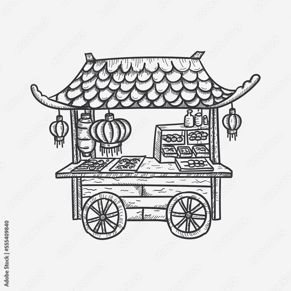 Hand drawn asian food truck stall vector drawing, illustration - obrazy, fototapety, plakaty 