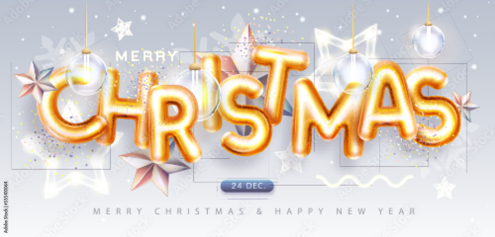 Merry Christmas holiday poster with 3D chromic letters, Christmas stars and electric lamps. Holiday greeting card. Vector illustration
