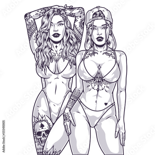 Cocky bikini girls emblem monochrome