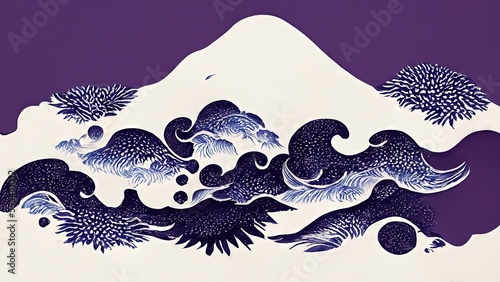 Purple waves and cream mountains, abstract and striking, retro and elegant, produced by Katsushika Hokusai's Ukiyo-e style Japanese traditional and graphic design Ai