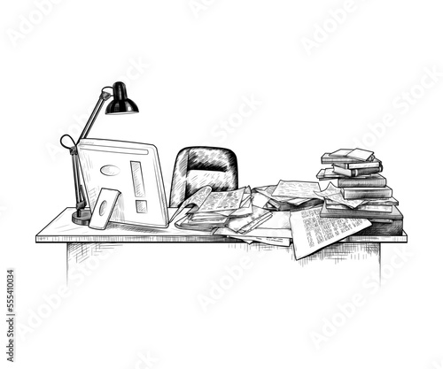 .Messy table illustration. Desk with pile of books and papers, computer and table lamp. Vector monochrome sketch.