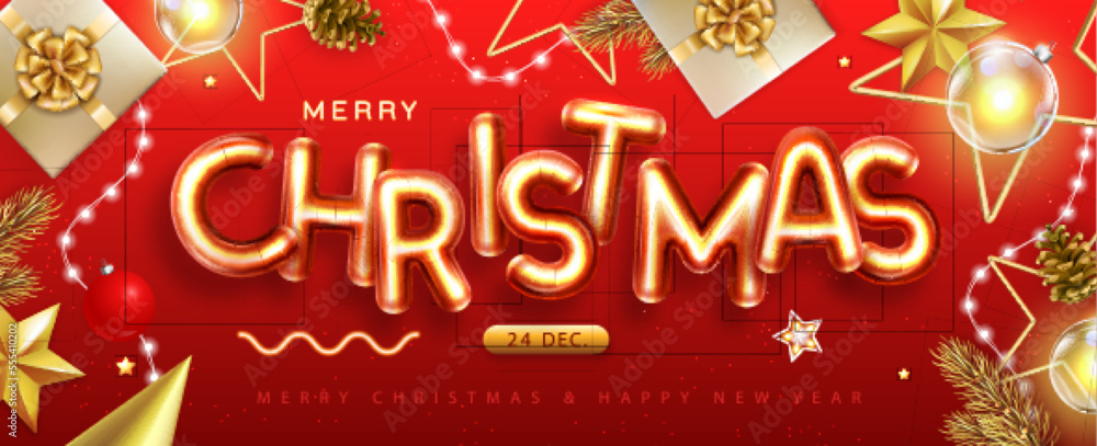 Merry Christmas top view poster with 3D chromic letters and Christmas decoration. Holiday greeting card. Vector illustration Merry Christmas top view poster with 3D chromic letters and Christmas decoration. Holiday greeting card. Vector illustration