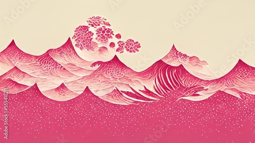 Pink mountains, abstract and striking, retro and elegant, produced by Katsushika Hokusai's Ukiyo-e style Japanese traditional and graphic design Ai